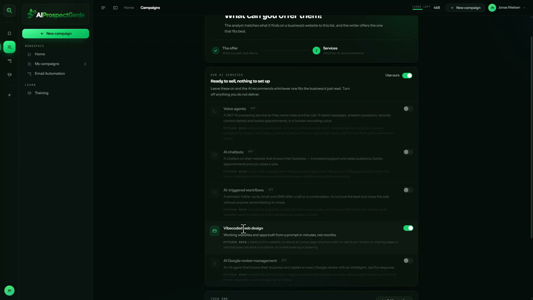 Campaign services with only Vibecoded web design switched on