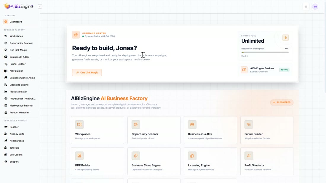 The AIBizEngine dashboard after login