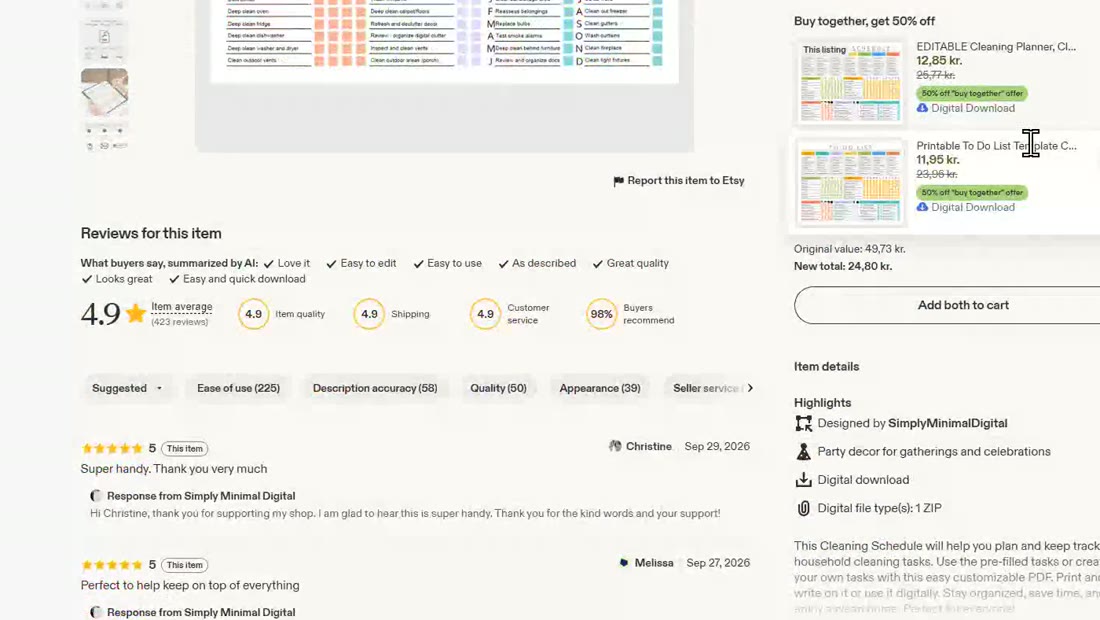 Etsy listing showing 423 item reviews