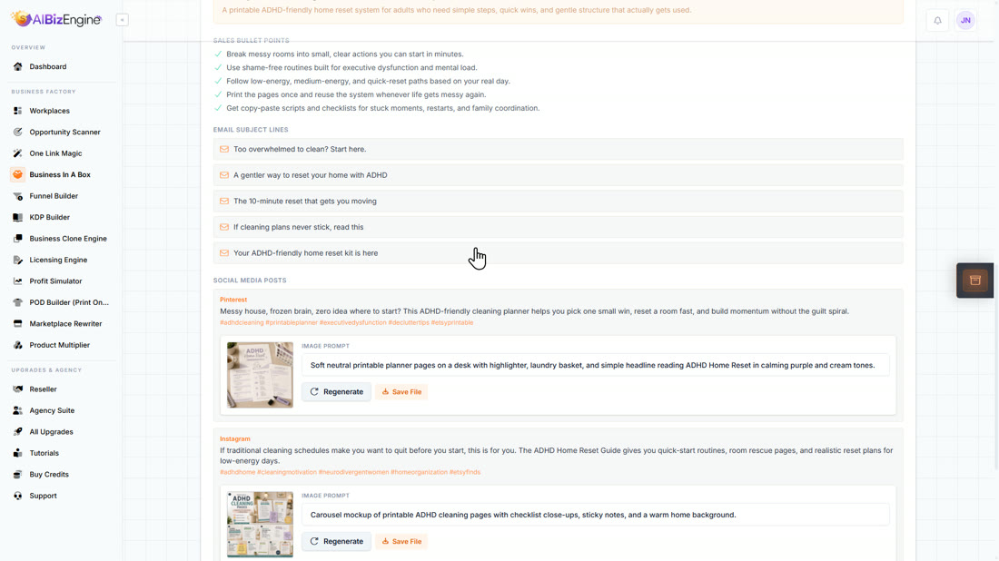 The marketing tab with headline, emails and social posts