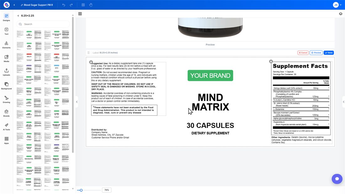 The flat printable supplement label in the label editor