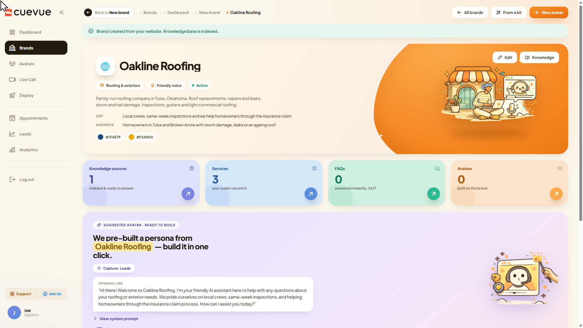 The Oakline Roofing brand page right after creation
