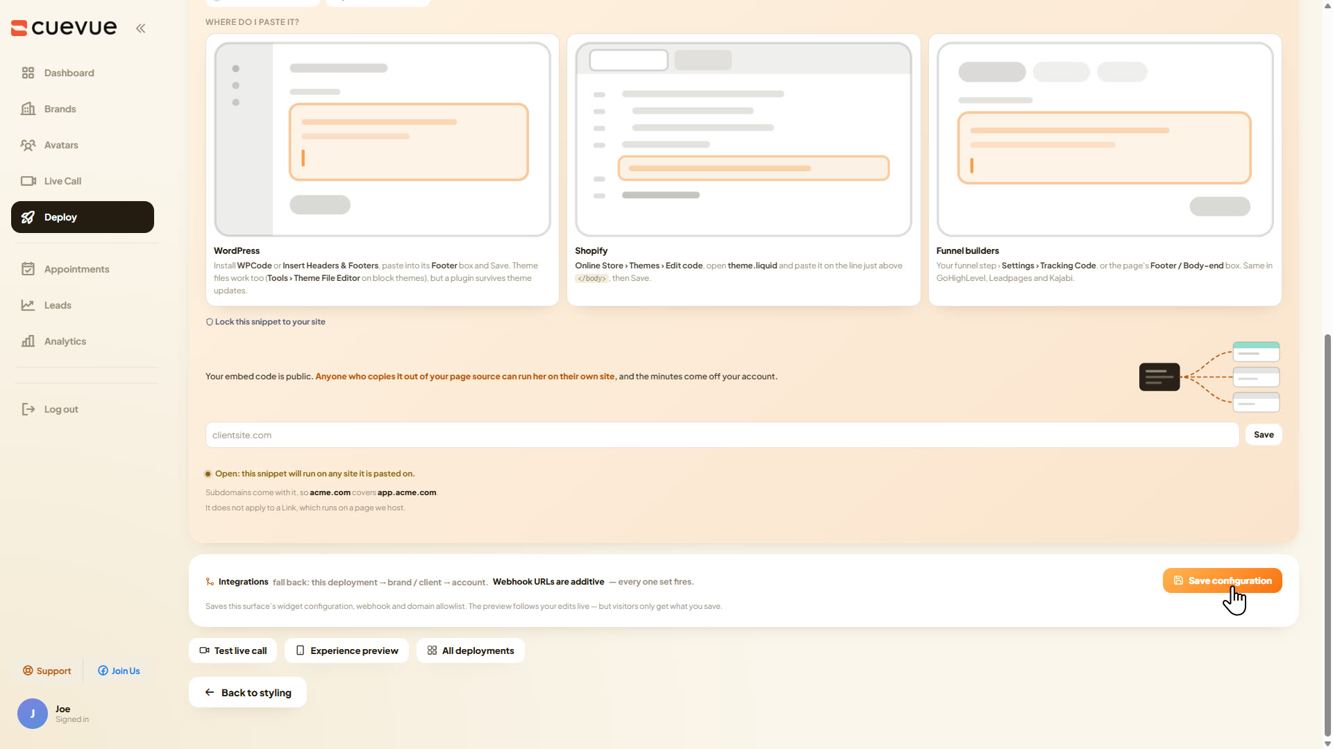 The go live step with the snippet and the domain allowlist
