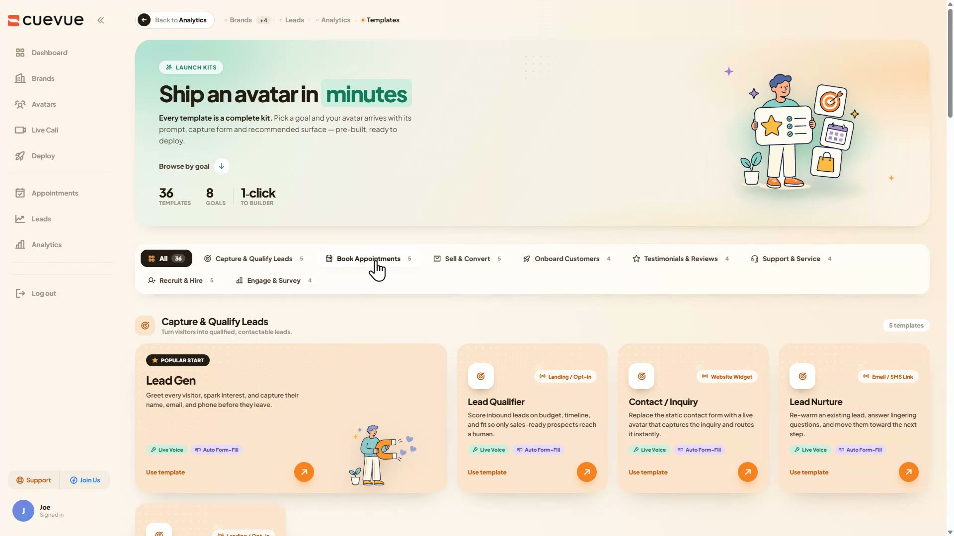 The templates page with 36 launch kits