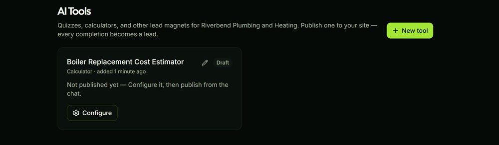 A generated boiler cost calculator listed in the AI Tools section