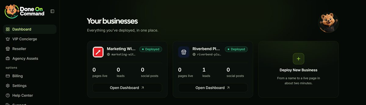 The Done On Command dashboard showing my two deployed businesses