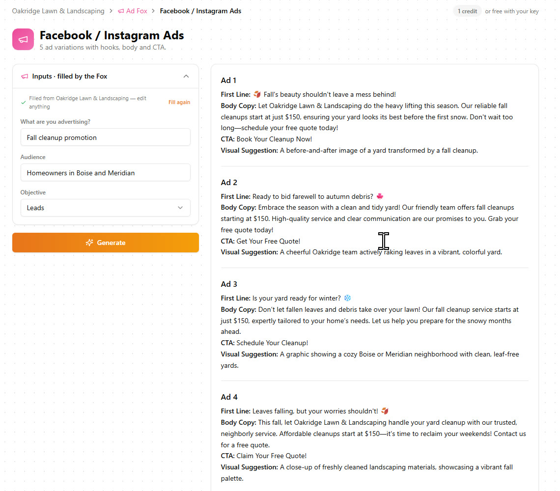 Five Facebook and Instagram ad variations for the Oakridge fall cleanup