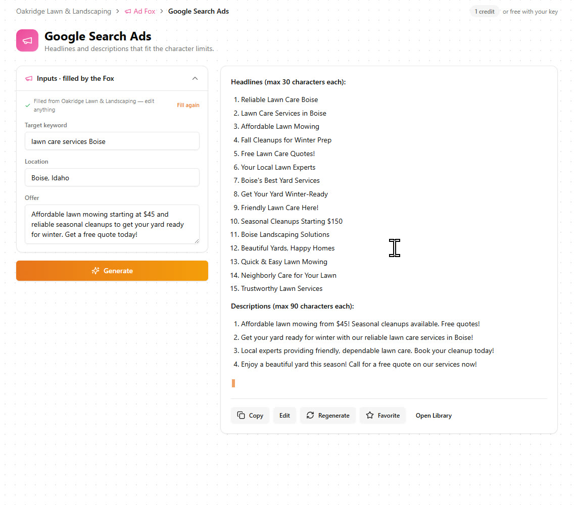 Google Search Ads headlines and descriptions that respect the character limits