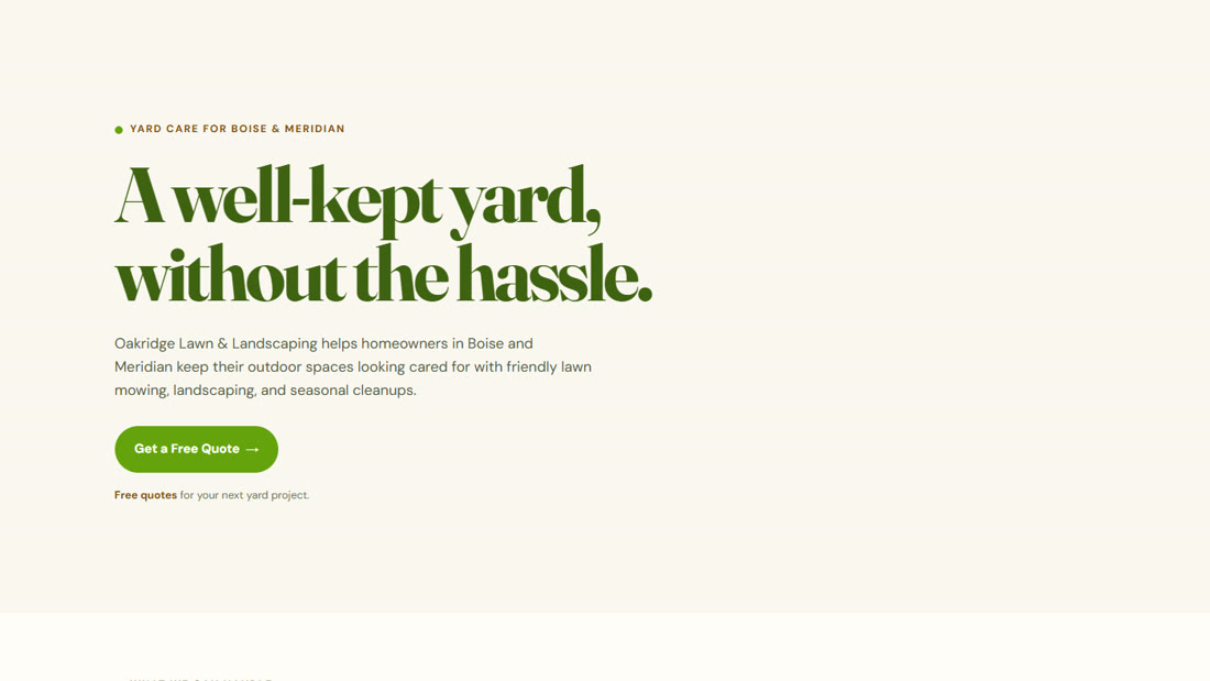 The one-page website of the made-up Oakridge Lawn and Landscaping