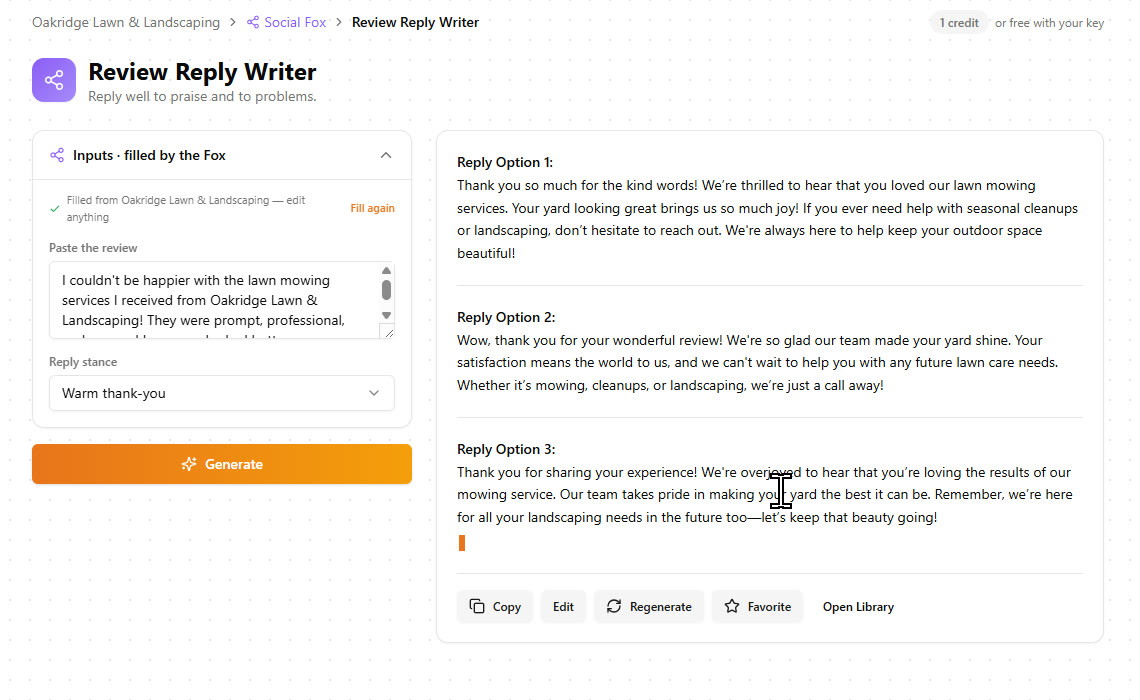 Three reply options to a customer review