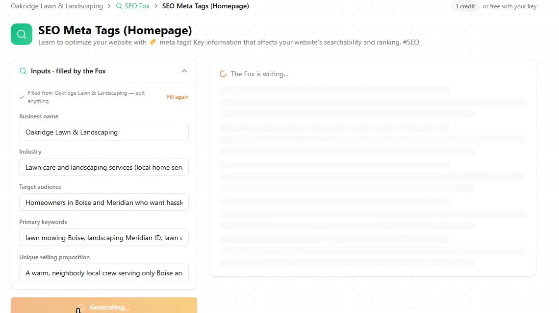 The SEO Meta Tags (Homepage) tool in SEO Fox with its inputs pre-filled by the Fox