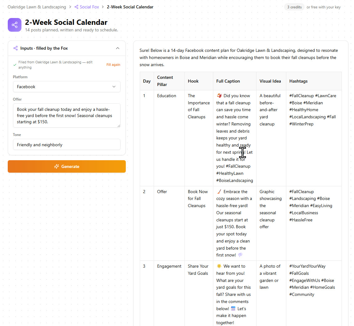 A 14-day Facebook content calendar for Oakridge in a table
