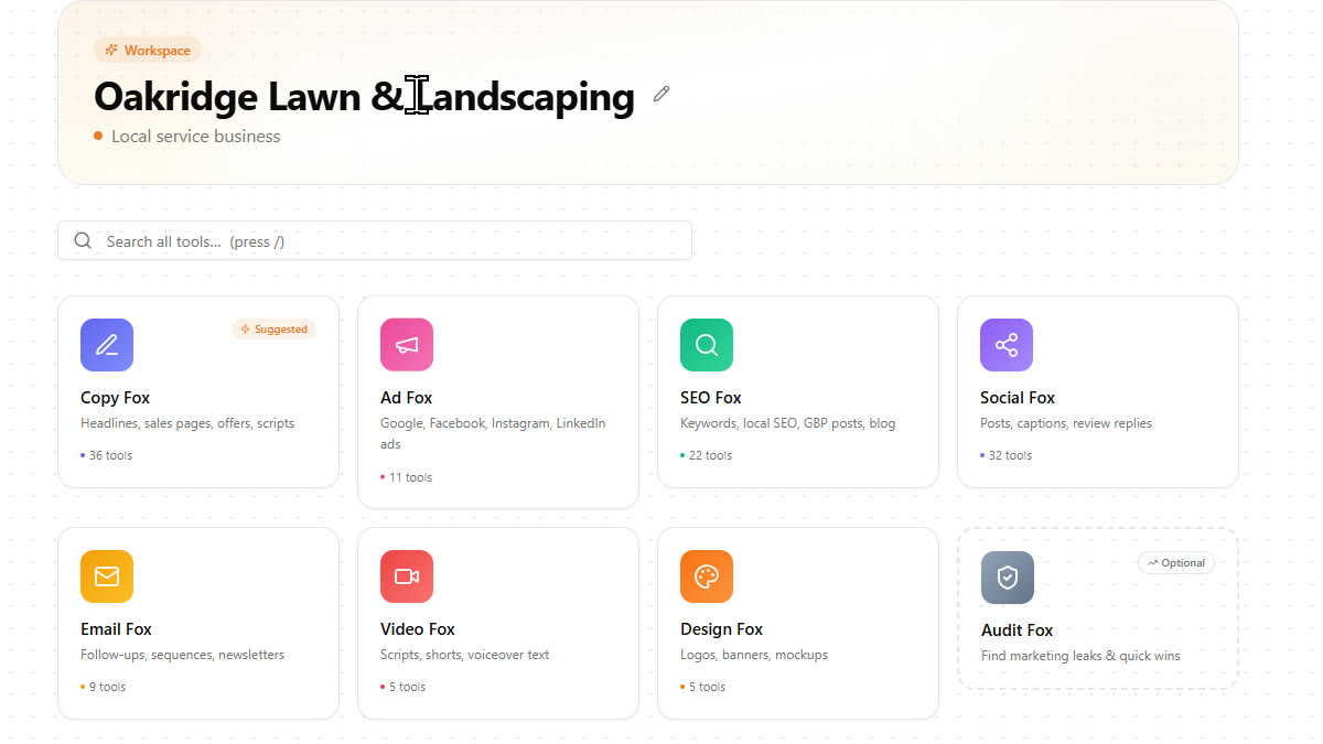 The FableFox AI workspace for Oakridge Lawn and Landscaping with the seven Foxes