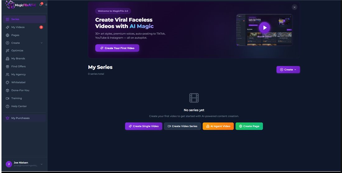 The MagicFlixAI 2.0 dashboard