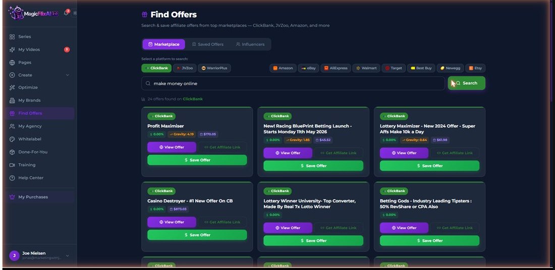 Live ClickBank results inside MagicFlixAI 2.0 Find Offers