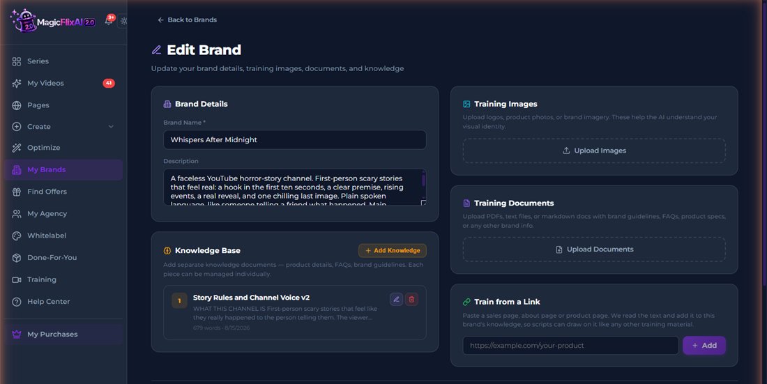 Creating the Whispers After Midnight brand profile in MagicFlixAI 2.0