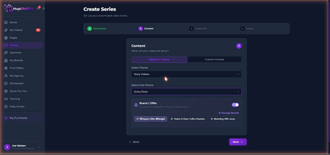 Choosing Story Videos, Scary Story and toggling the brand on in the series wizard
