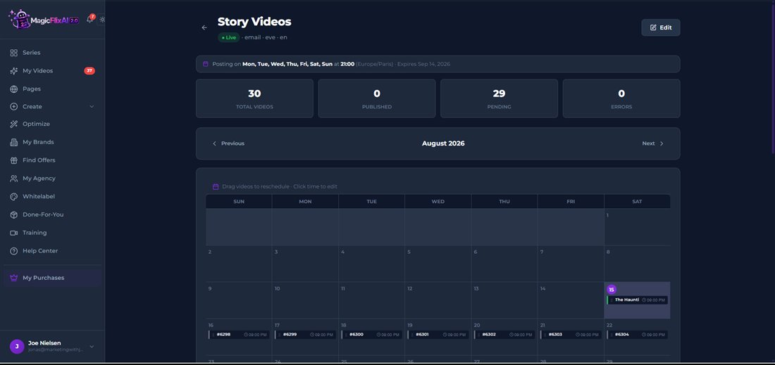 The live series calendar with 30 videos scheduled nightly at 9 PM