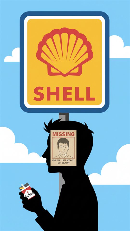 Opening frame of the horror video MagicFlixAI 2.0 made: a Shell sign above a silhouette holding a missing poster