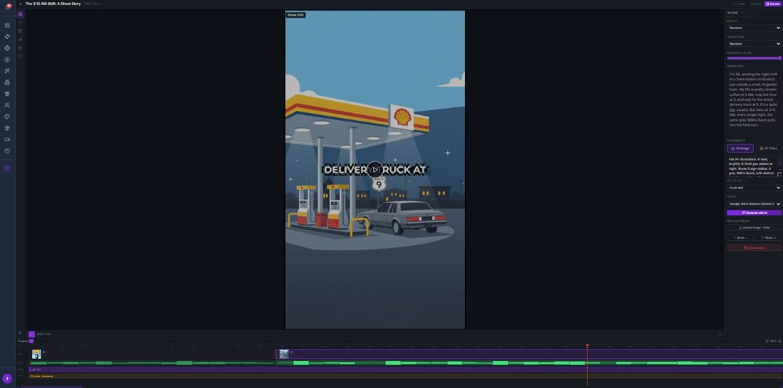 The 3:12 AM Shift open in the MagicFlixAI 2.0 multi-track timeline editor, scene 2 of 33 selected