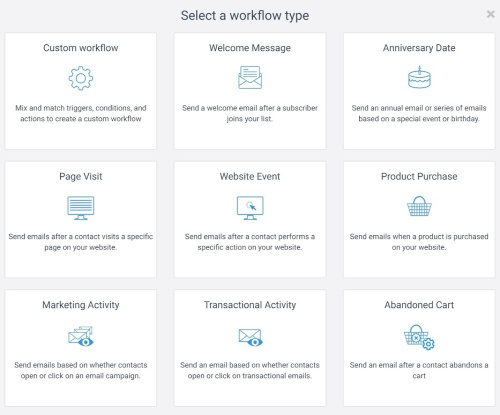 Choosing a workflow type when creating a new automation in MailVio