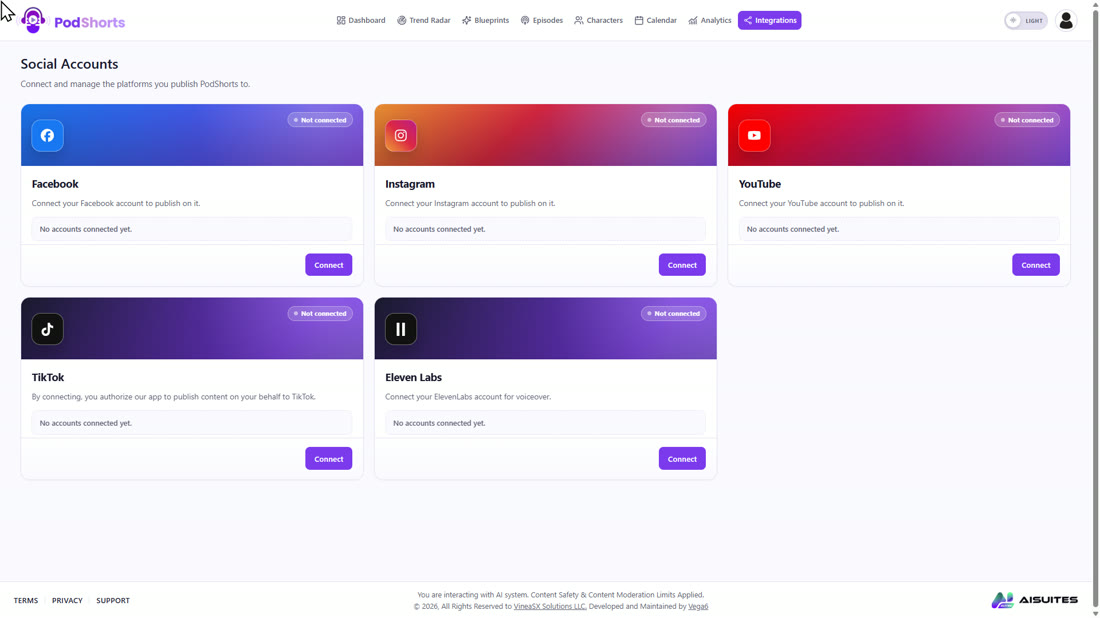 The Integrations page with Facebook, Instagram, YouTube, TikTok and ElevenLabs
