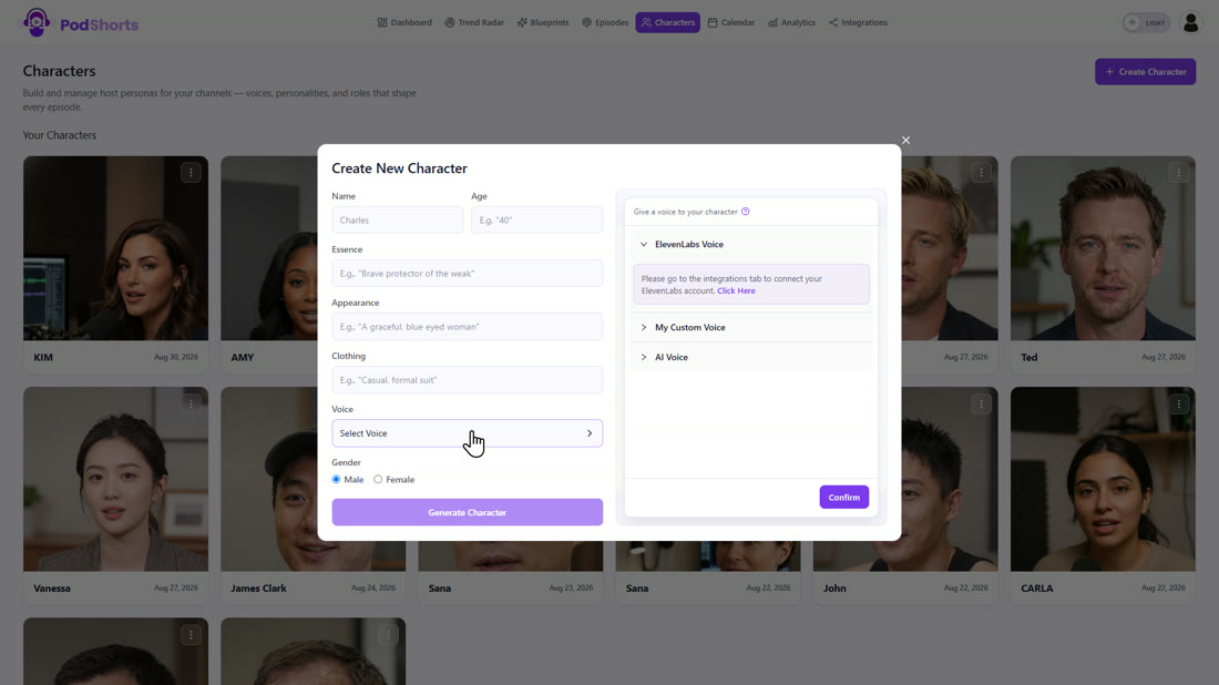 The Create New Character form with the voice picker open
