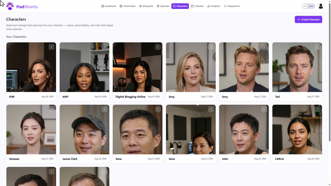 The Characters page with ready made AI hosts