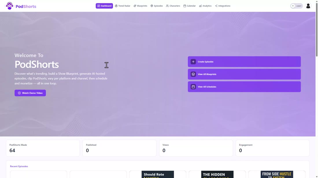 The PodShorts dashboard after login