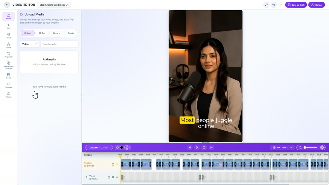 The clip editor with the caption track and the preview
