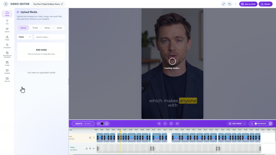A clip playing in the editor with word by word captions