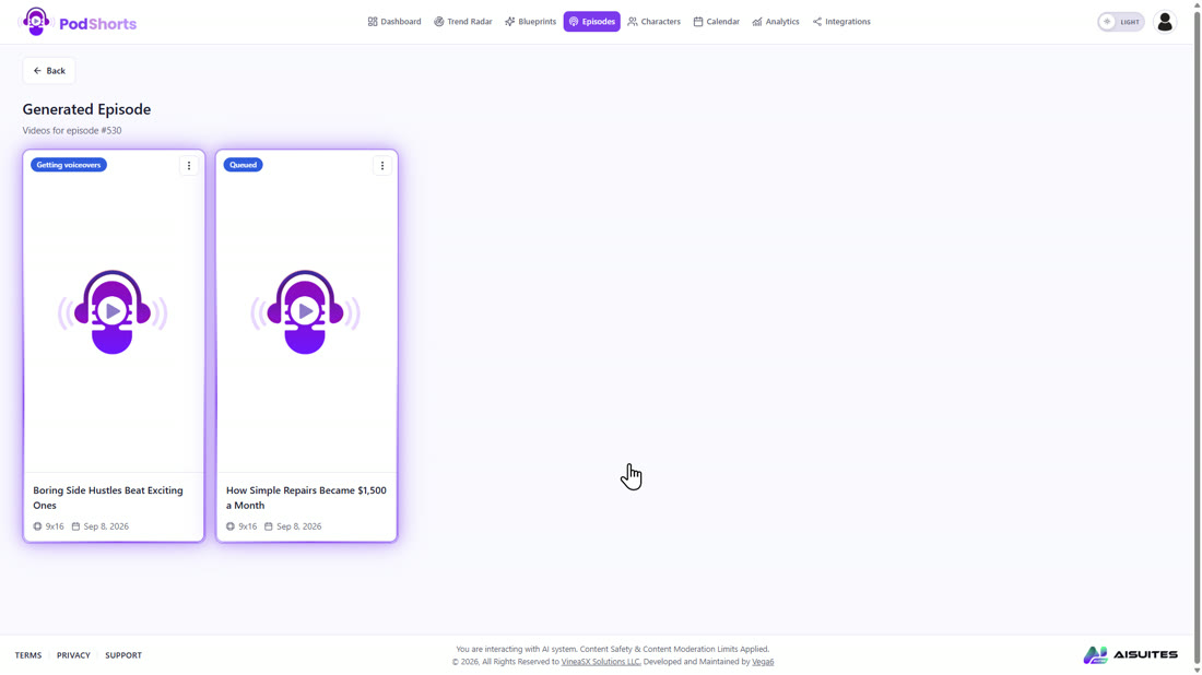 The generated episode page with two clips queued