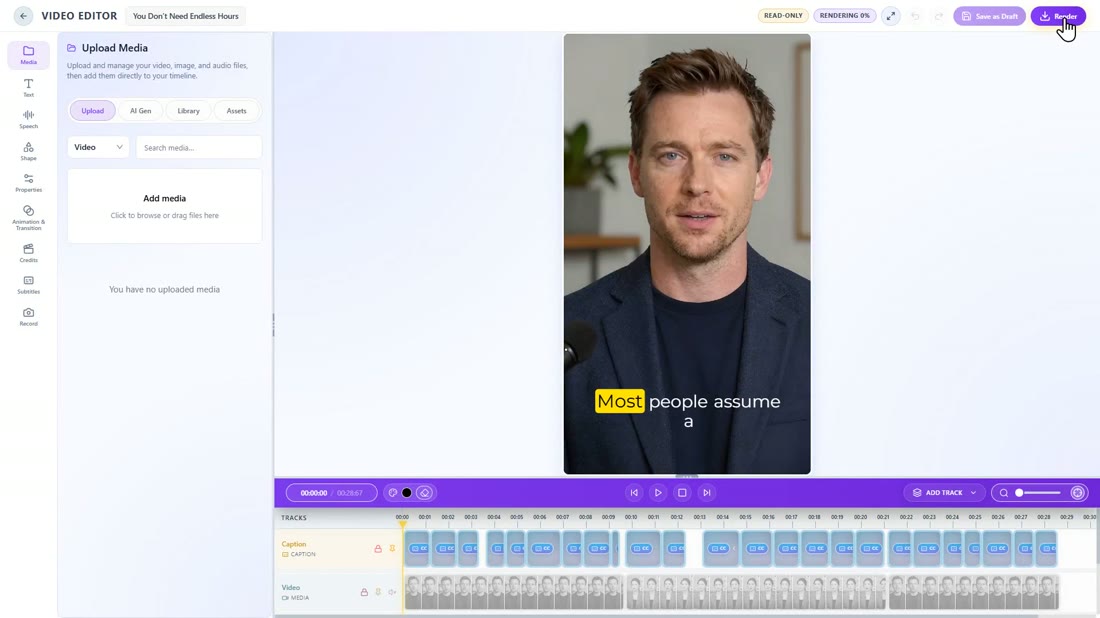 The episode page showing render complete on a clip
