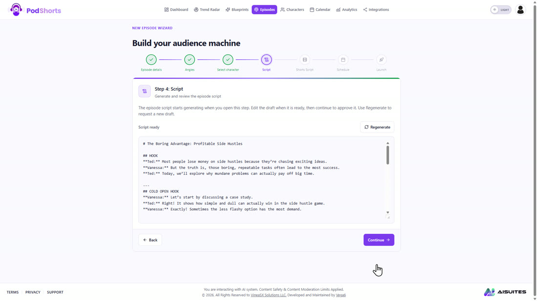 The episode script streaming in on step 4