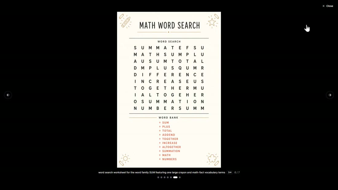 A generated math word search worksheet