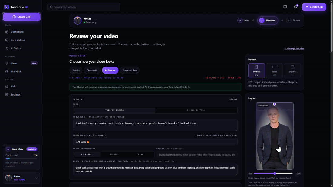 The TwinClips AI Scenes storyboard editor with scenes, voiceover text and B-roll prompts