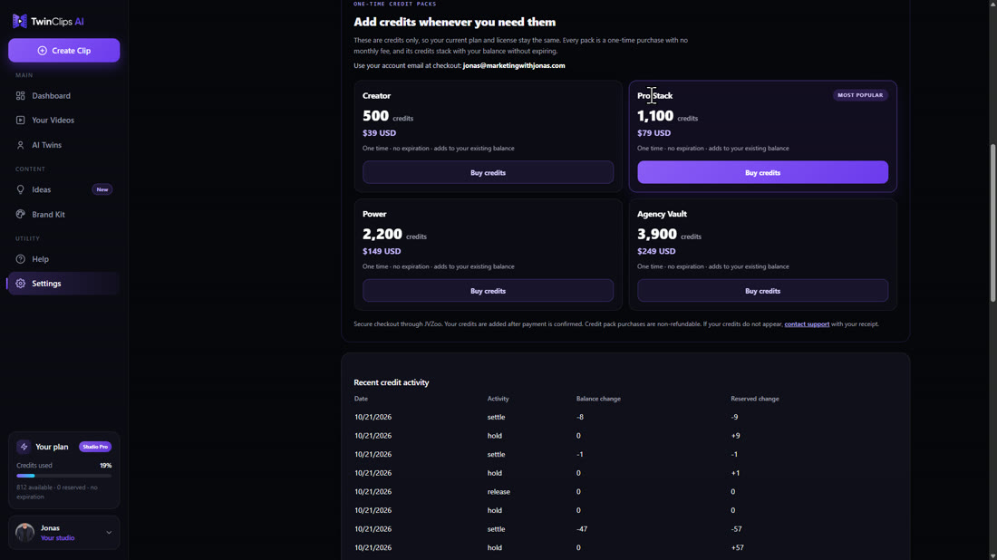 The TwinClips credit packs from 500 to 3,900 credits