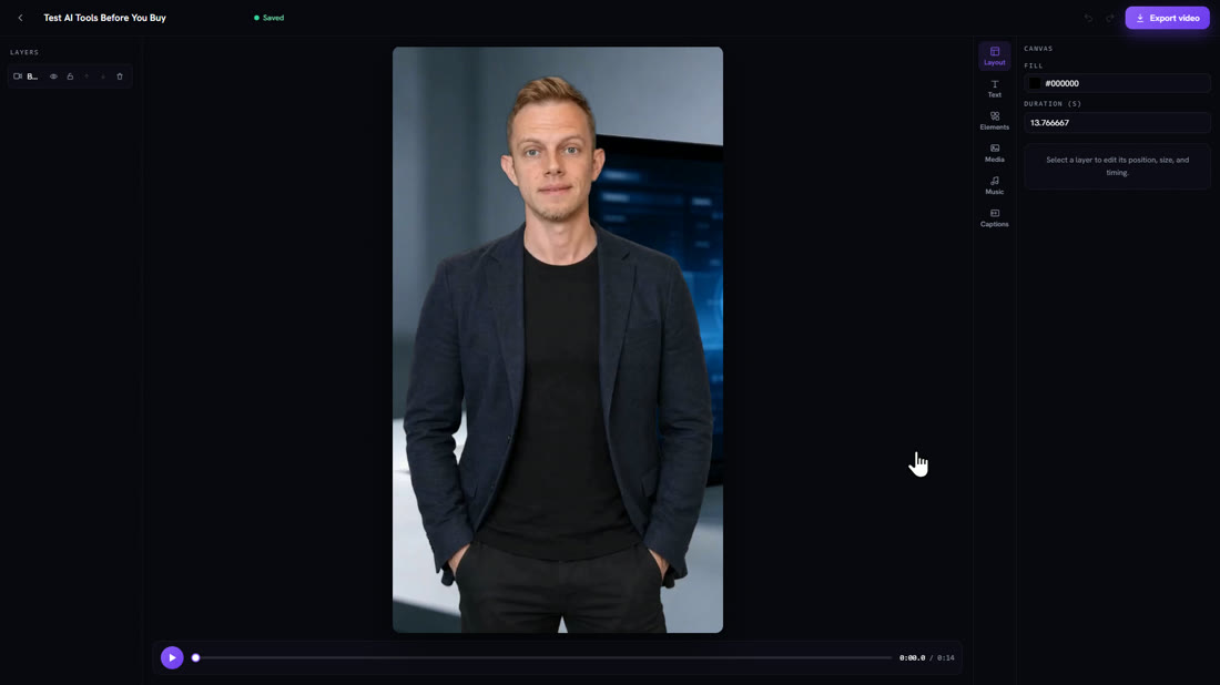 The TwinClips built-in video editor with text, elements, media, music and captions tools
