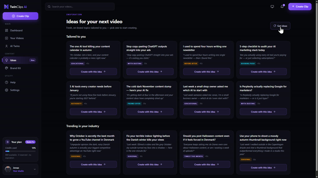 The TwinClips Ideas page with personalised video ideas and trending ideas