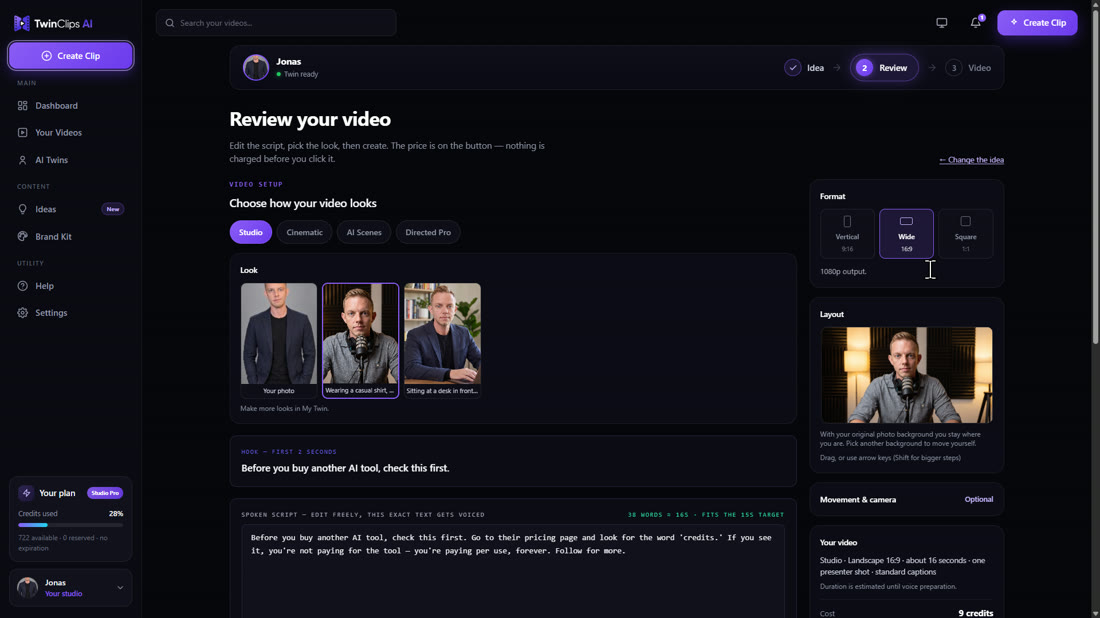 Choosing a look in TwinClips with the wide format and 1080p output label