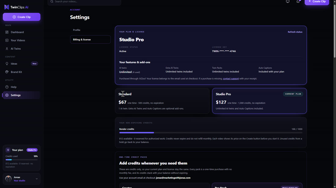 The TwinClips billing page with the Standard and Studio Pro plans