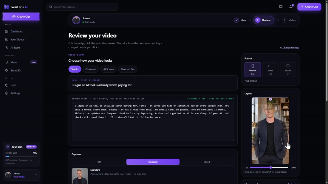The TwinClips review screen with the hook and the editable spoken script