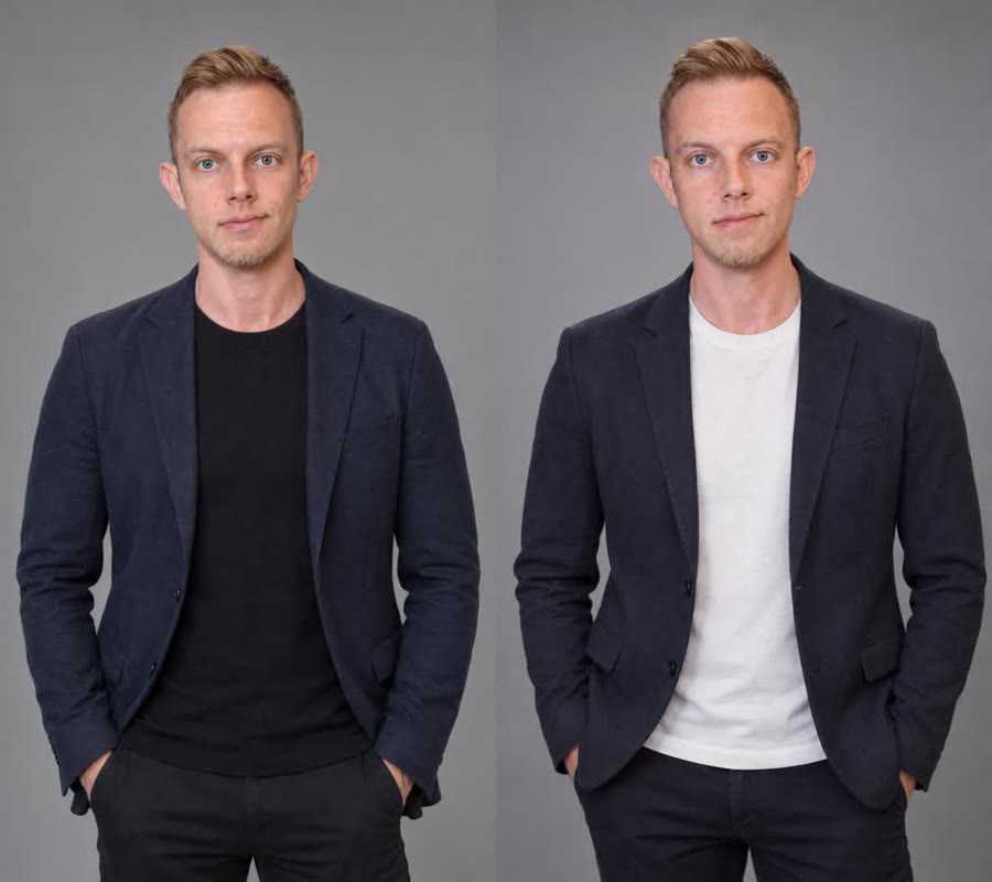 Two studio portraits of me made by the TwinClips studio photo makeover from three everyday photos