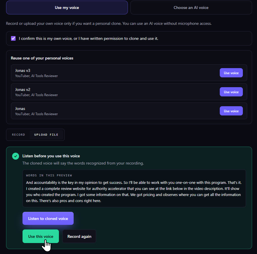 The TwinClips voice clone preview with the Listen to cloned voice and Use this voice buttons